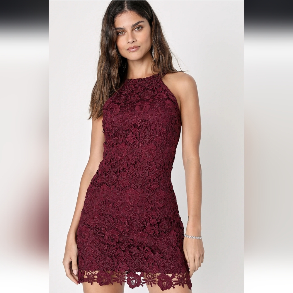 NWT Lulu's Burgundy Lace Halter Mini Dress, Medium